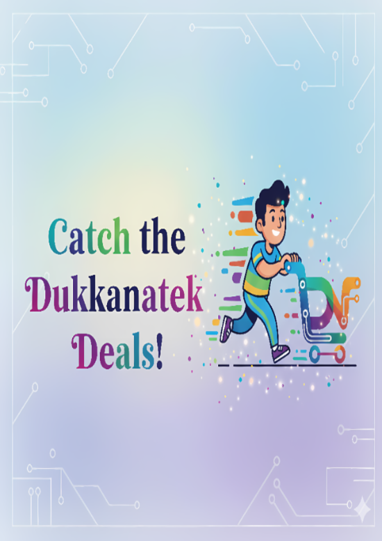 Promotional graphic with a character pushing a shopping cart and text 'Catch the Dukkanatek Deals!' on a gradient background.